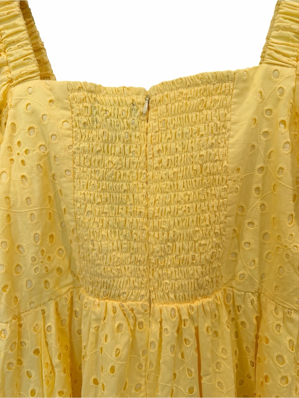 CeCe Eyelet Cotton Midi Dress Square Neck Smocked Puff Sleeve Yellow Small NWT - Picture 9 of 15